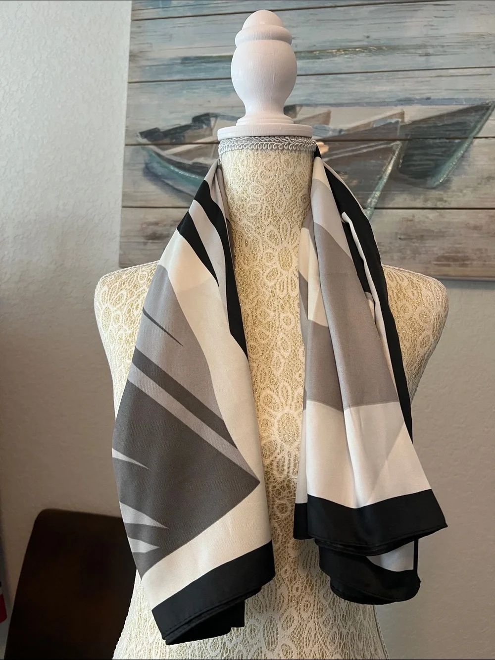 Silk-Look Black and Cream Printed Square Scarf - 36”